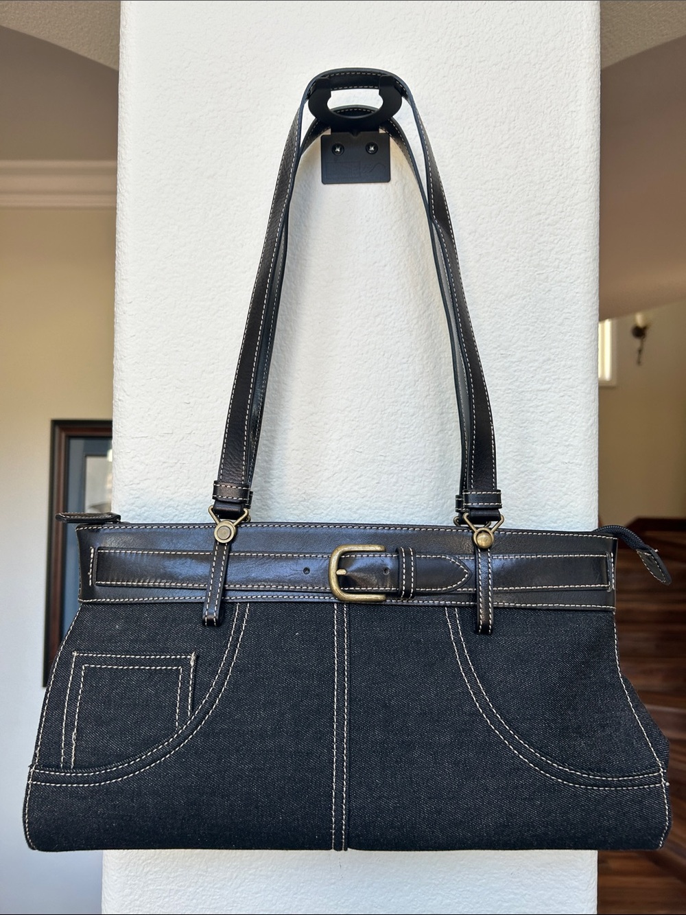 Black Denim Tote Bag with Leather Trim